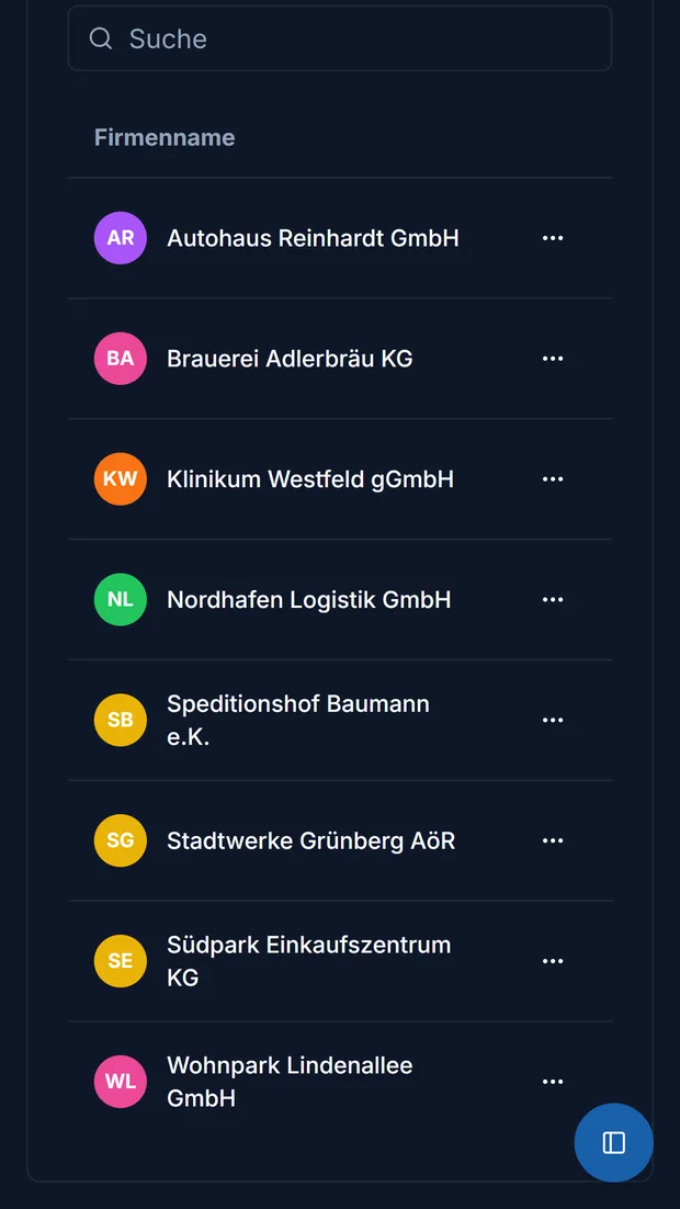 Kundenliste in TorCheckPro mit farbigen Kürzeln je Firma