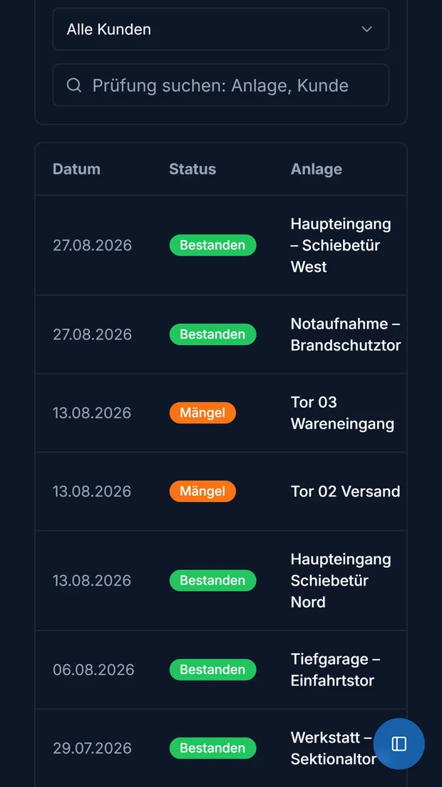 Prüfungsliste in TorCheckPro mit Statusmarkierungen Bestanden und Mängel