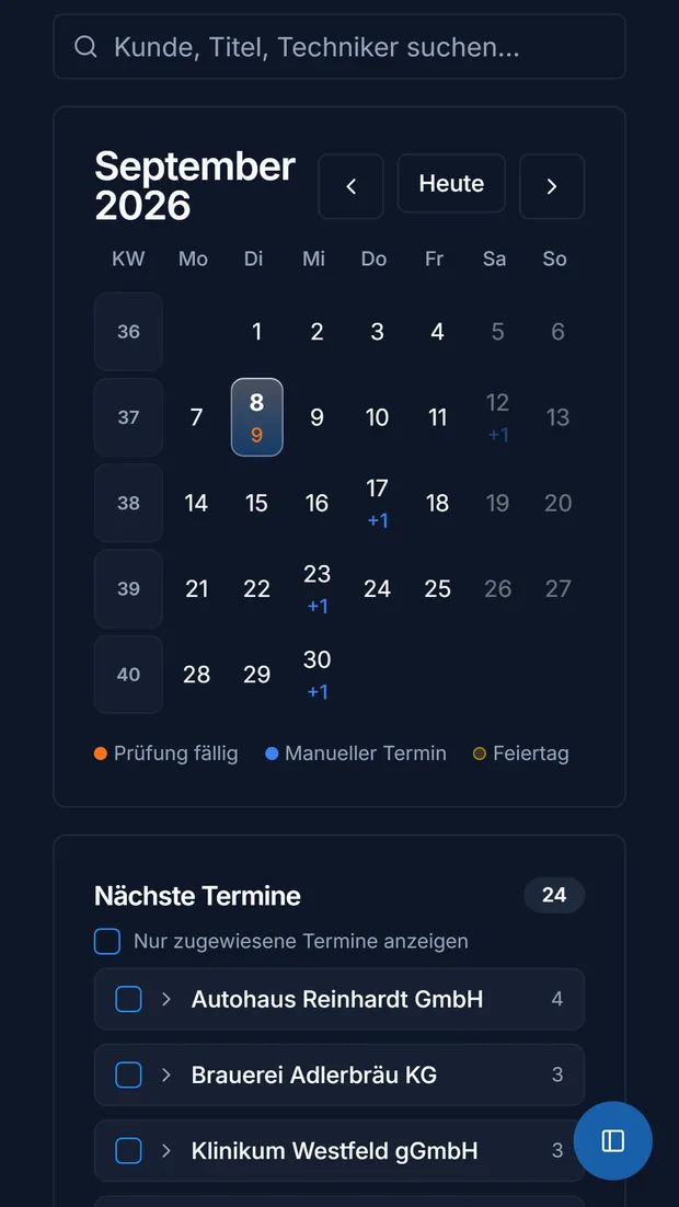 Terminkalender in TorCheckPro mit markierten fälligen Prüfungen