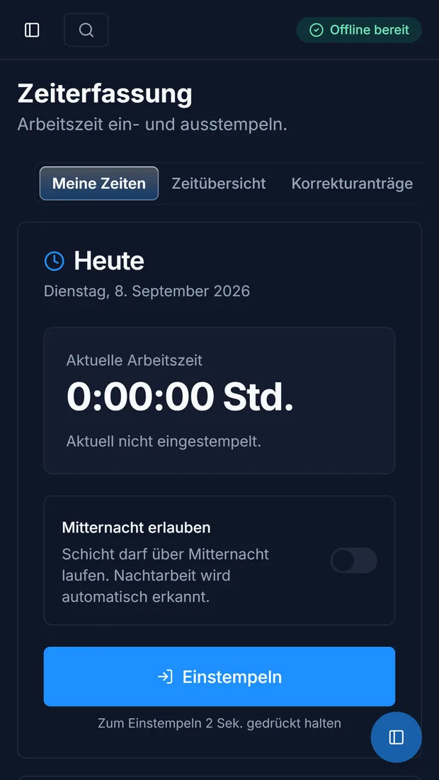 Zeiterfassung in TorCheckPro mit Einstempeln-Schaltfläche